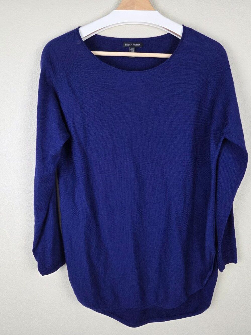 Eileen Fisher 100% Merino Wool Tunic Top Size M Blue 3/4 Sleeve Curved Hem
